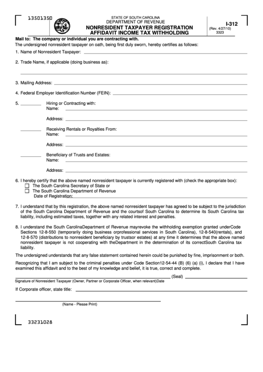 Form I-312 - Nonresident Taxpayer Registration Affidavit Income Tax Withholding - 2010 Printable pdf