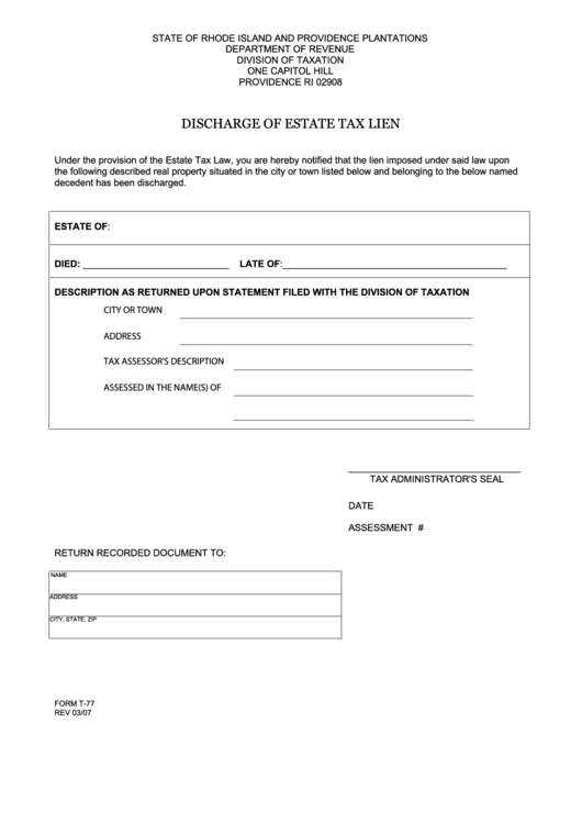 Fillable Form T-77 - Discharge Of Estate Tax Lien Printable pdf
