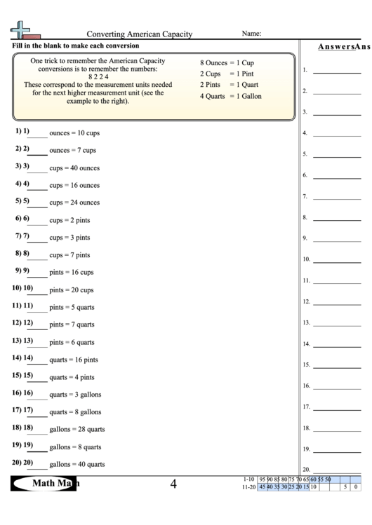 Mathconverting American Capacity Worksheet Printable pdf