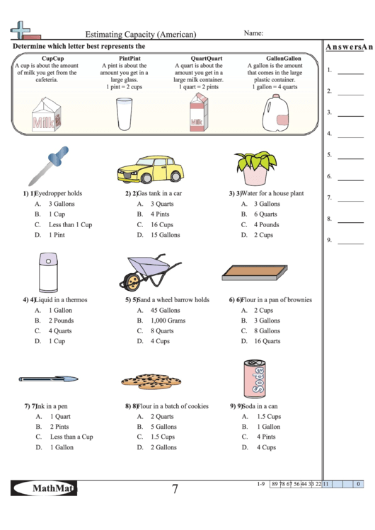 Estimating Capacity (American) Worksheet With Answer Key printable pdf