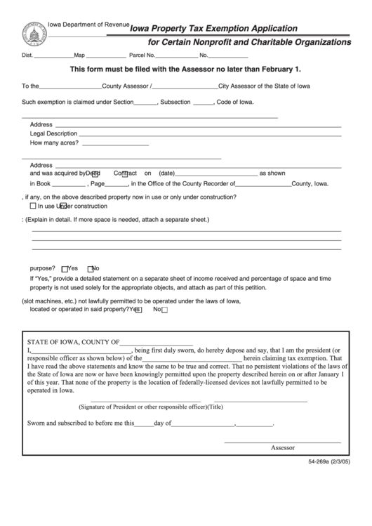 Form 54-269a - Iowa Property Tax Exemption Application For Certain Nonprofit And Charitable Organizations Printable pdf