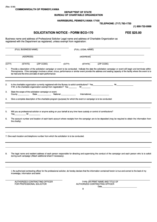 Form Bco-170 - Solicitation Notice Printable pdf