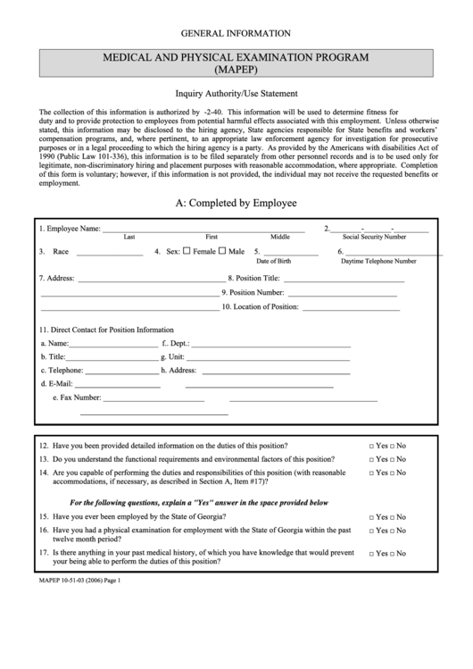 Inquiry Authority/use Statement Mapep Form 2006 Printable pdf