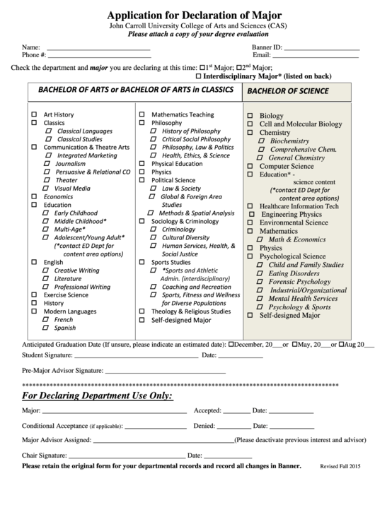 Fillable Application For Declaration Of Major Form Printable pdf