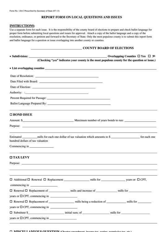 Fillable Form 126-C - Report Form On Local Questions And Issues Printable pdf