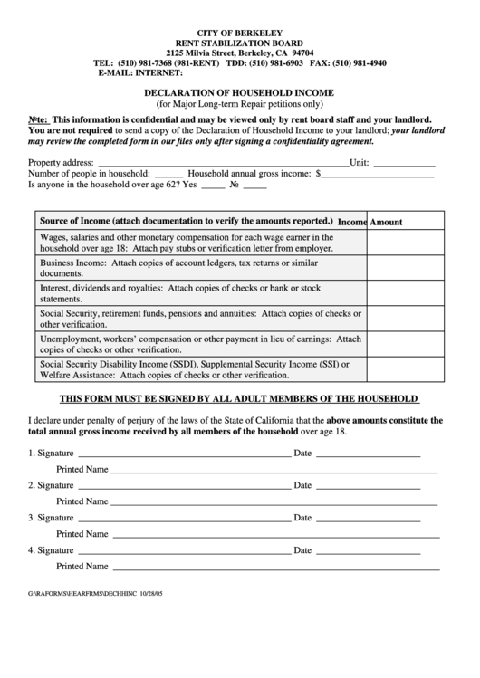 Fillable Declaration Of Household Income (For Major Long-Term Repair Petitions Only) Form Printable pdf
