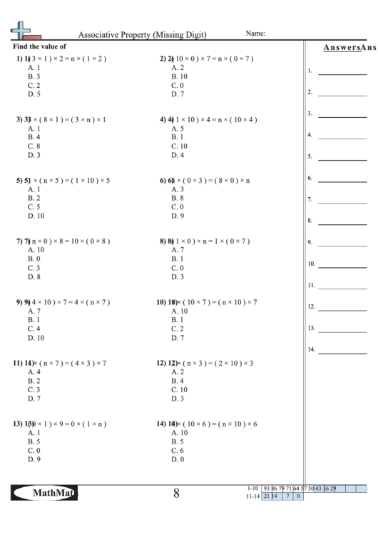 Associative Property (Missing Digit) Worksheet printable pdf download