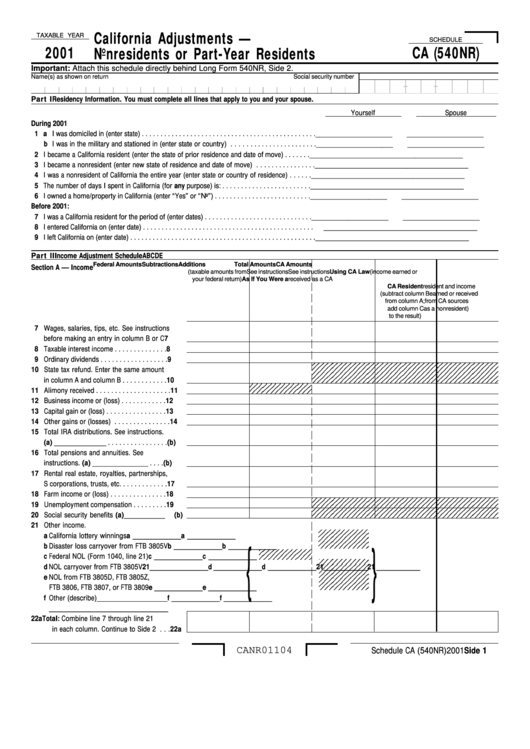 Schedule Ca (540nr) - California Adjustments - Nonresidents Or Part-Year Residents - 2001 Printable pdf