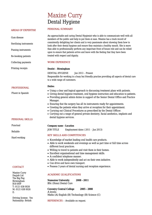 Dental Assistant Resume Sample Form Printable pdf