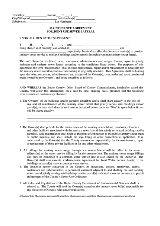 Maintenance Agreement For Joint Use Sewer Lateral Form Printable pdf