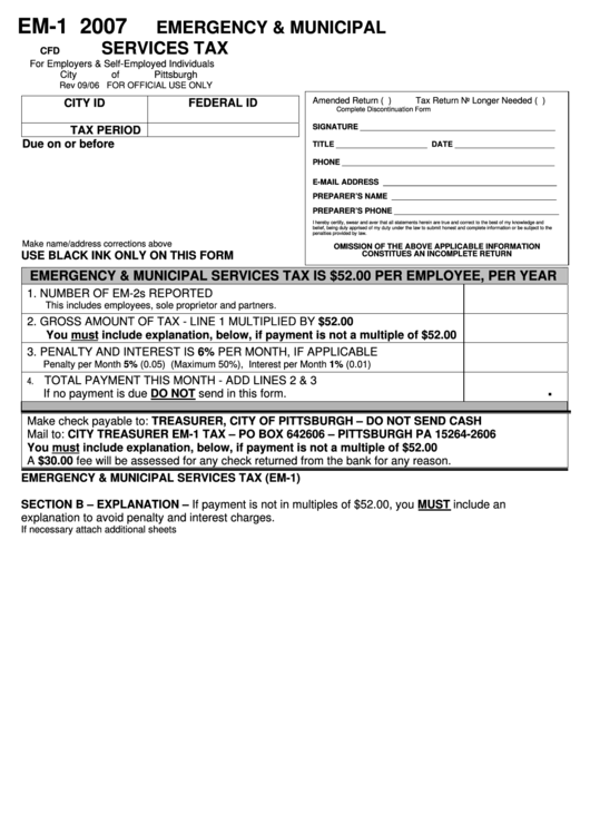 Form Em-1 - Emergency And Municipal Services Tax 2007 Printable pdf