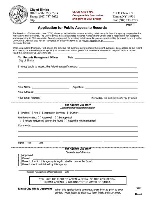 Fillable Application For Public Access To Records Form - City Of Elmira, Ny Printable pdf