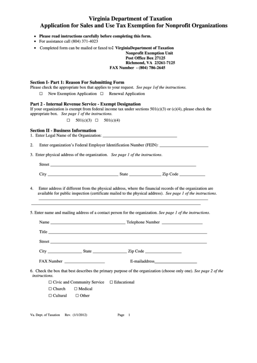 Application Form For Sales And Use Tax Exemption For Nonprofit Organizations Form (2012) Printable pdf