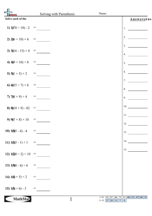 'Solving With Parenthesis' Math Worksheet printable pdf download