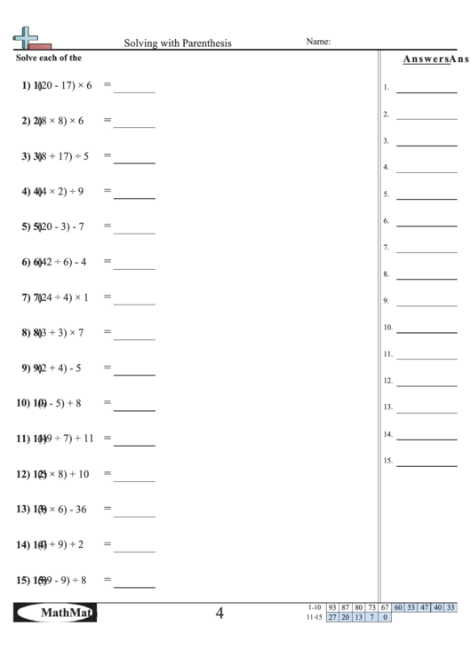 'Solving With Parenthesis' Math Worksheet printable pdf download