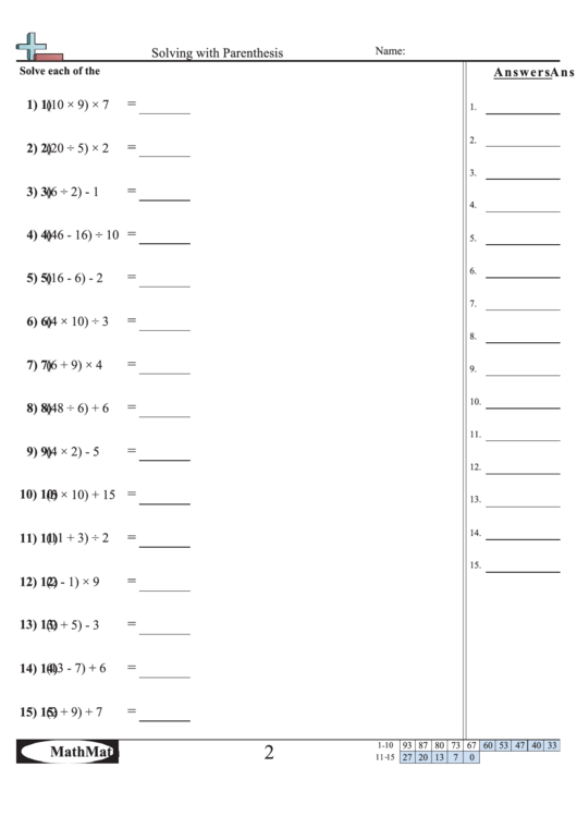 'Solving With Parenthesis' Math Worksheet printable pdf download