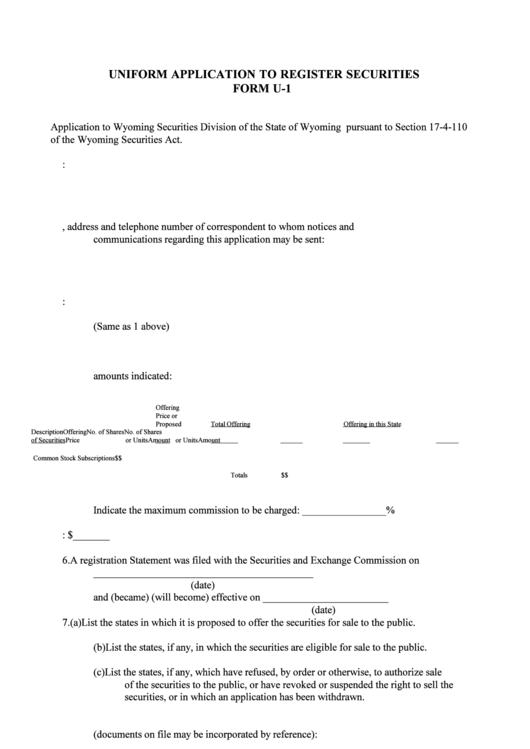 Form U-1 - Uniform Application To Register Securities Printable pdf