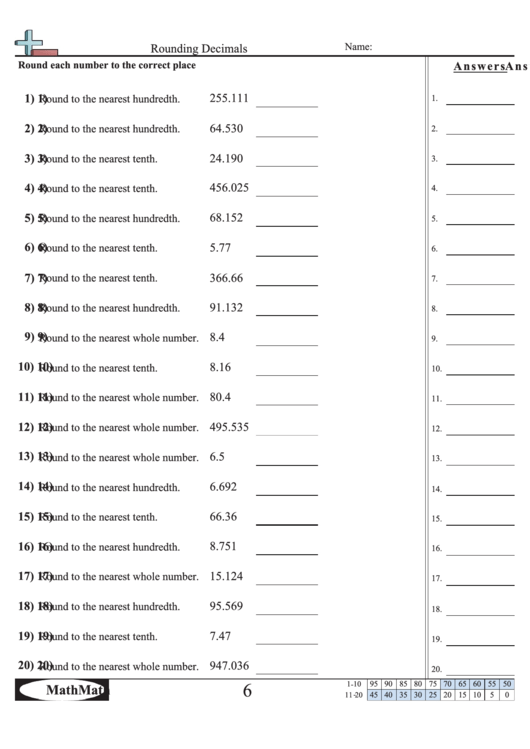 'Rounding Decimals' Math Worksheet printable pdf download