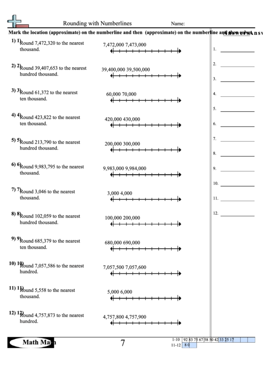 'Rounding With Numberlines' Math Worksheet printable pdf download