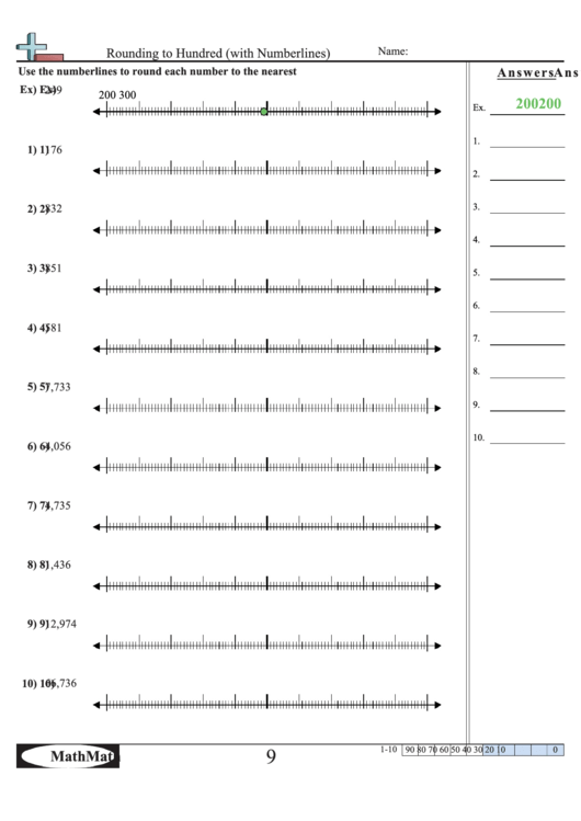 rounding to hundred with numberlines math worksheet printable pdf