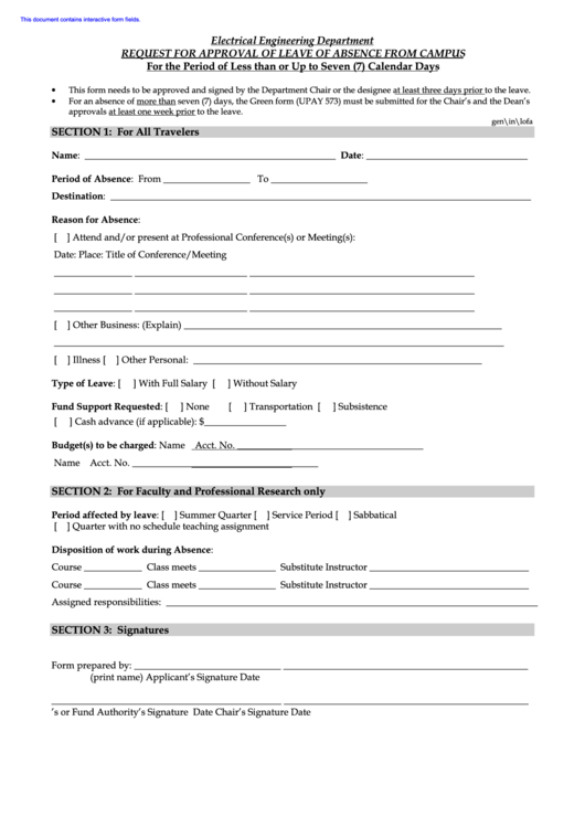 Fillable Request For Approval Of Leave Of Absence From Campus Form Printable pdf