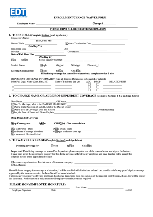 Employee Enrollment And Waiver Form Printable pdf