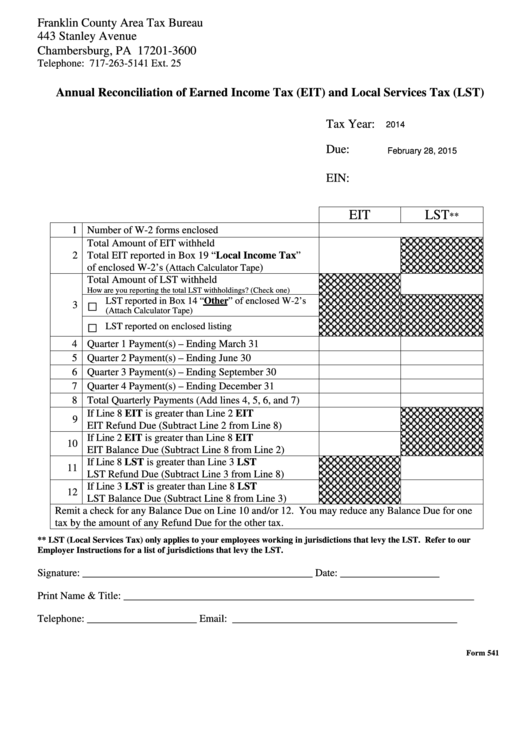 Fillable Form 541 - Annual Reconciliation Of Earned Income Tax (Eit) And Local Services Tax (Lst) Printable pdf