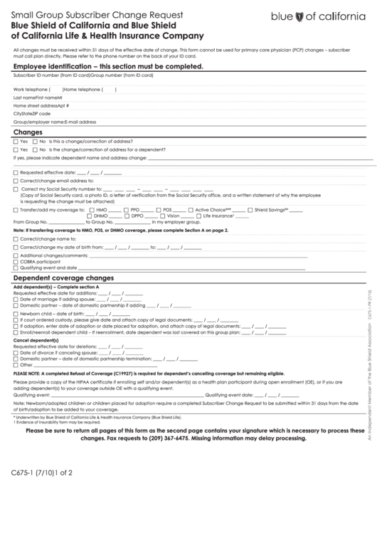 Small Group Subscriber Change Request Form Printable pdf
