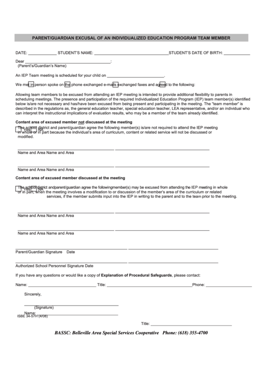 Parent/guardian Excusal Of An Individualized Education Program Team Member Form