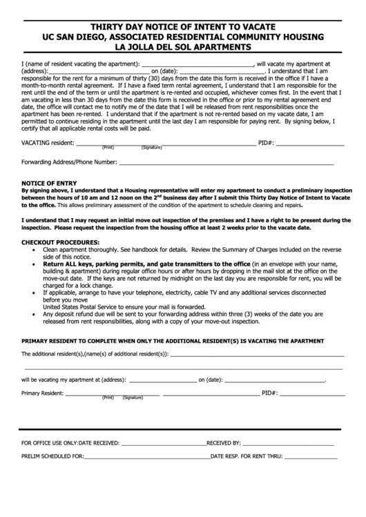 Thirty Day Notice Form Of Intent To Vacate Printable pdf
