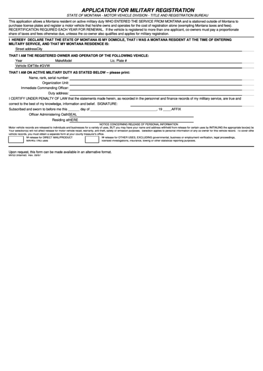 Form Mv53 - Application For Military Registration Printable pdf