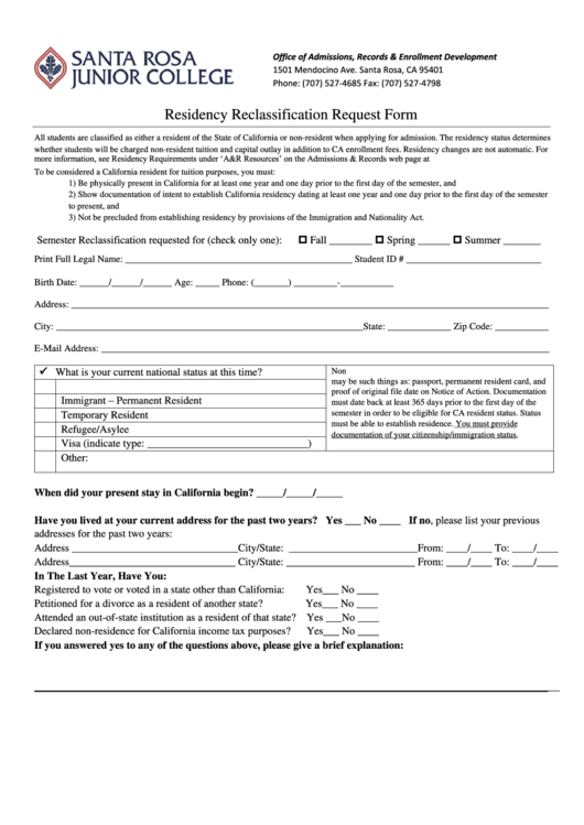 Fillable Residency Reclassification Request Form Printable pdf