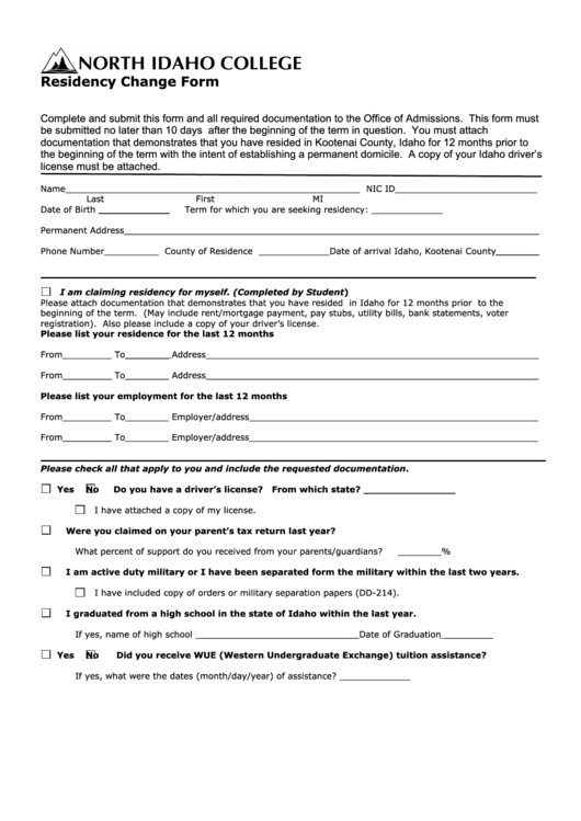 Fillable Residency Change Form Printable pdf