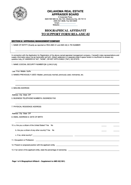 Form Rea-Amc-02- Biographical Affidavit To Support Form Rea-Amc-02 Printable pdf