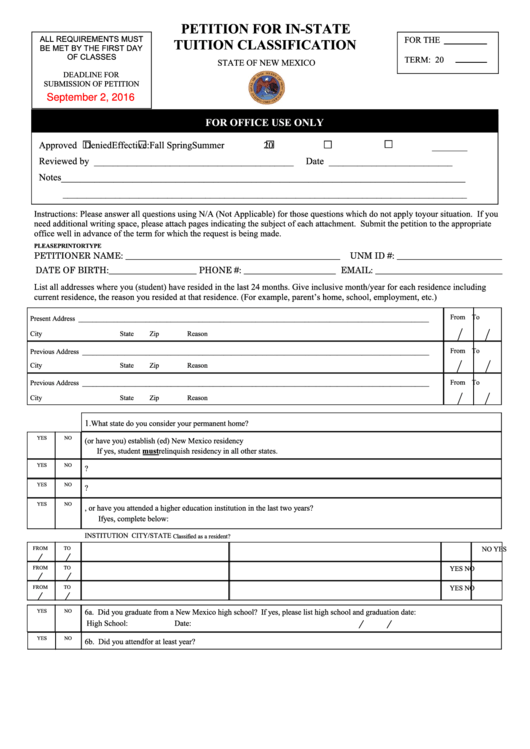 Fillable Petition For In-State Tuition Classification Form - 2016 Printable pdf