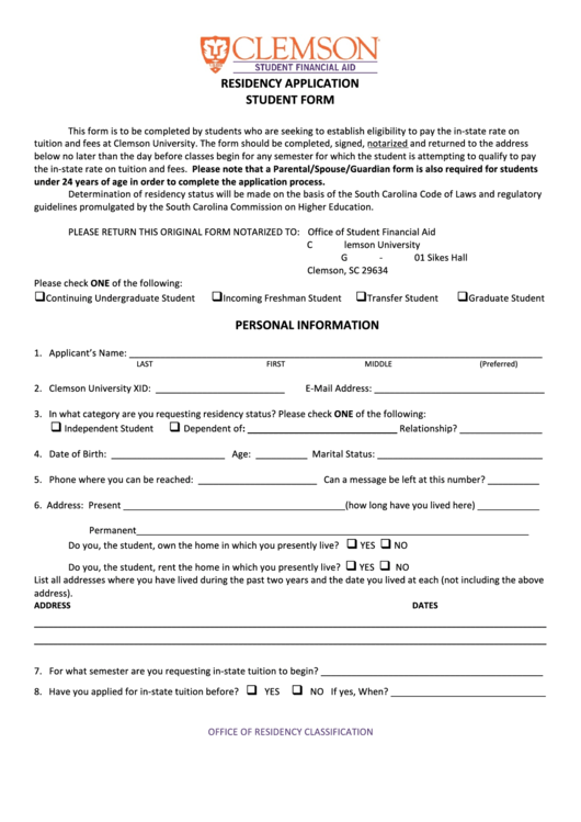 Fillable Residency Application Student Form Printable pdf
