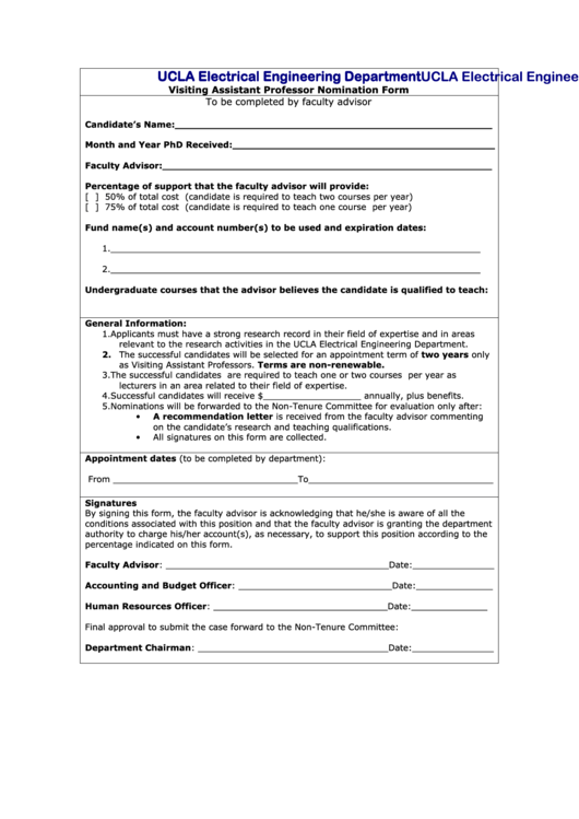 Fillable Visiting Assistant Professor Nomination Form Printable pdf