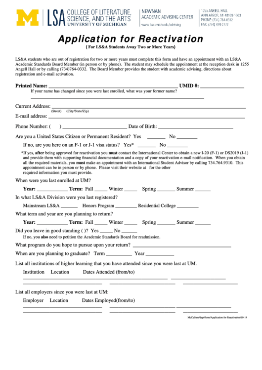 Fillable Application For Reactivation Form Printable pdf