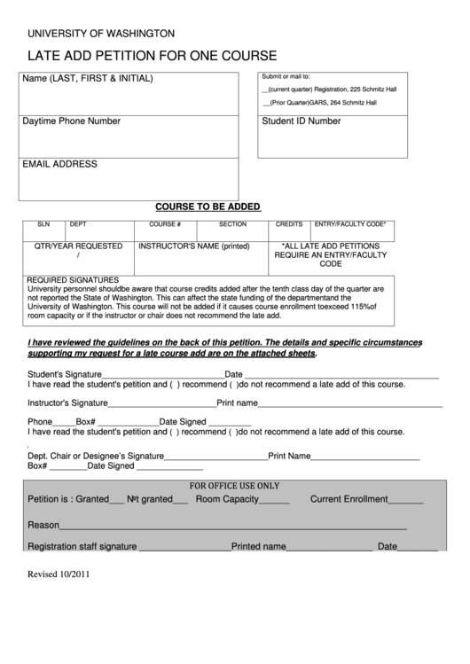 Fillable Late Add Petition For One Course Form Printable pdf