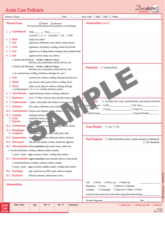 Fillable Acute Care Pediatric Form Printable pdf