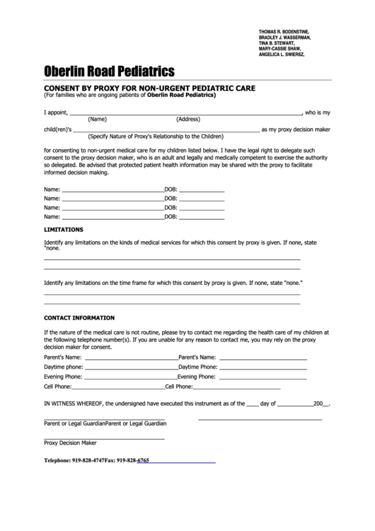 Fillable Consent By Proxy For Non-Urgent Pediatric Care Form Printable pdf