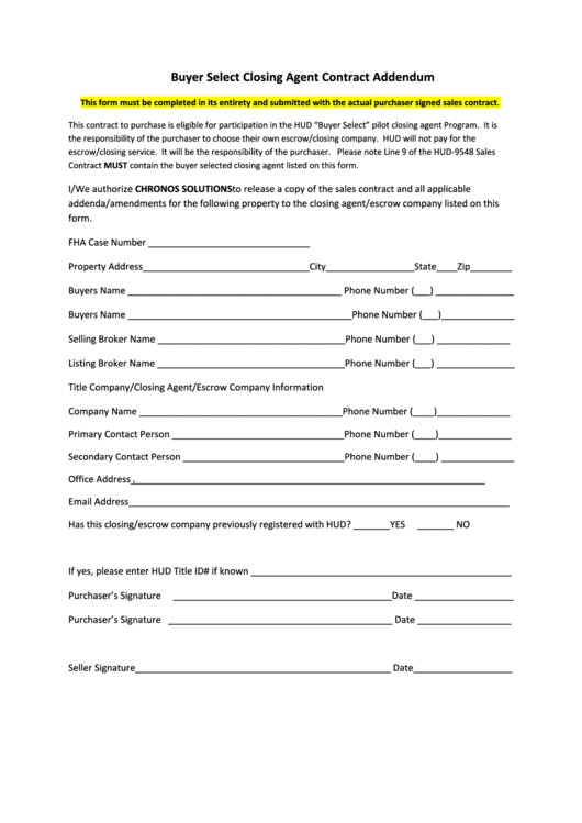 Fillable Buyer Select Closing Agent Contract Addendum Form Printable pdf
