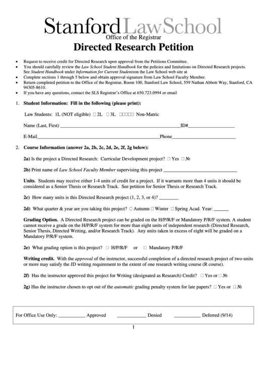 Fillable Directed Research Petition Form Printable pdf