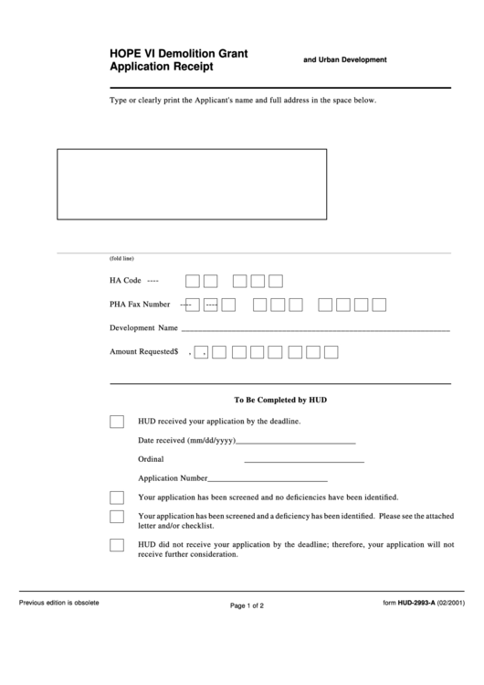 Form Hud-2993-A - Demolition Grant Application Receipt February 2001 Printable pdf