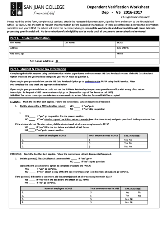 Fillable Form Dep - V5 - Dependent Verification Worksheet Printable pdf