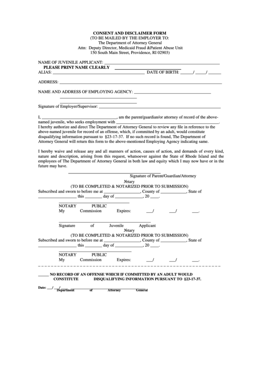 Consent And Disclaimer Form Printable pdf