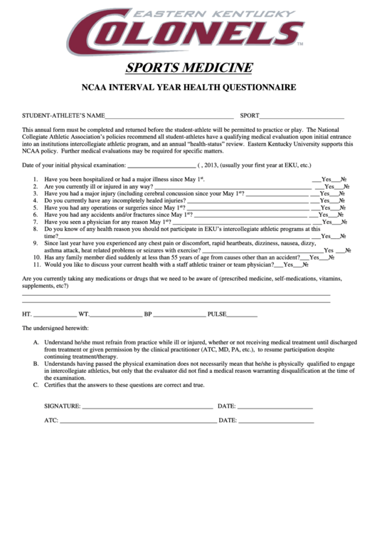 Sports Medicine - Interval Year Health Questionnaire Form Printable pdf