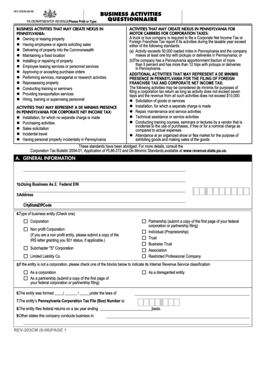 Form Rev-203cm - Business Activities Questionnaire Printable pdf