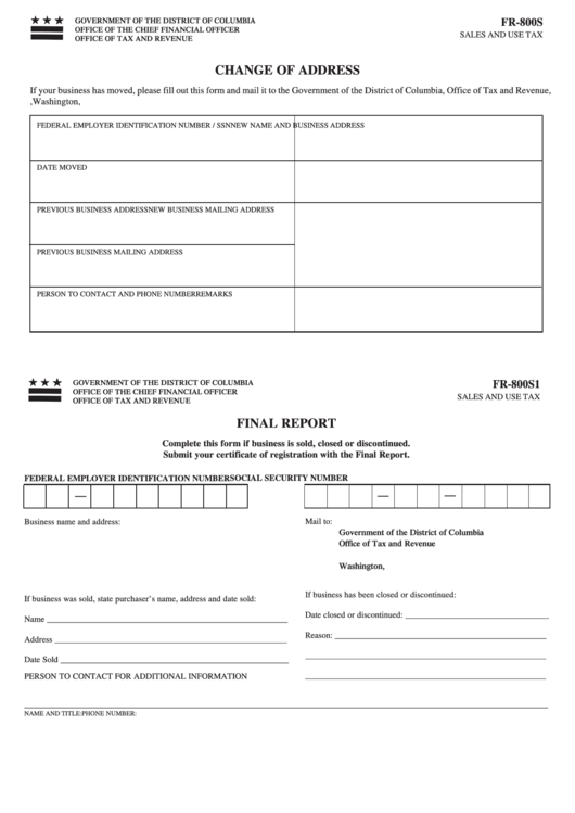 Form Fr-800s - Change Of Address Printable pdf