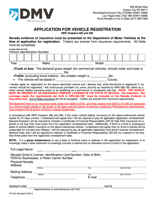 Fillable Form Vp-222 - Application For Vehicle Registration Printable pdf